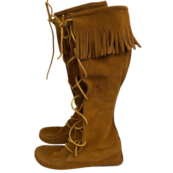 Minnetonka Women's Tall Front Lace Up Knee High Moccasin Boots Size 8 Fringe - Picture 5 of 8